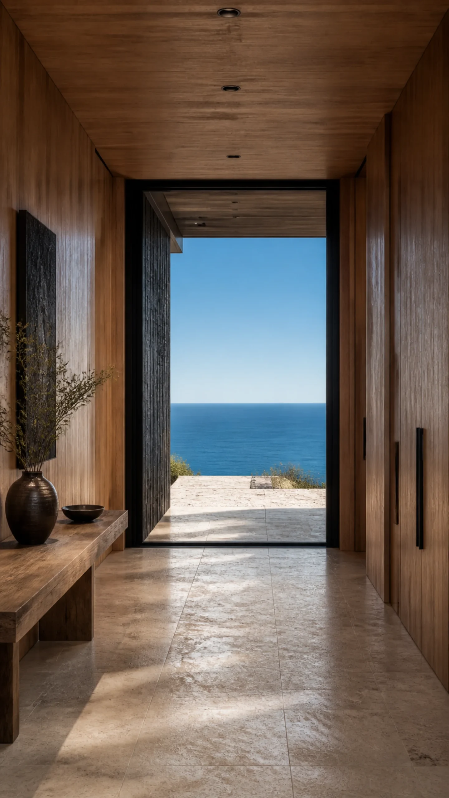 Warm oak entry hall with limestone floor framing the Aegean through a black doorway An original fictional editorial architecture study of material landscape light and spatial view.