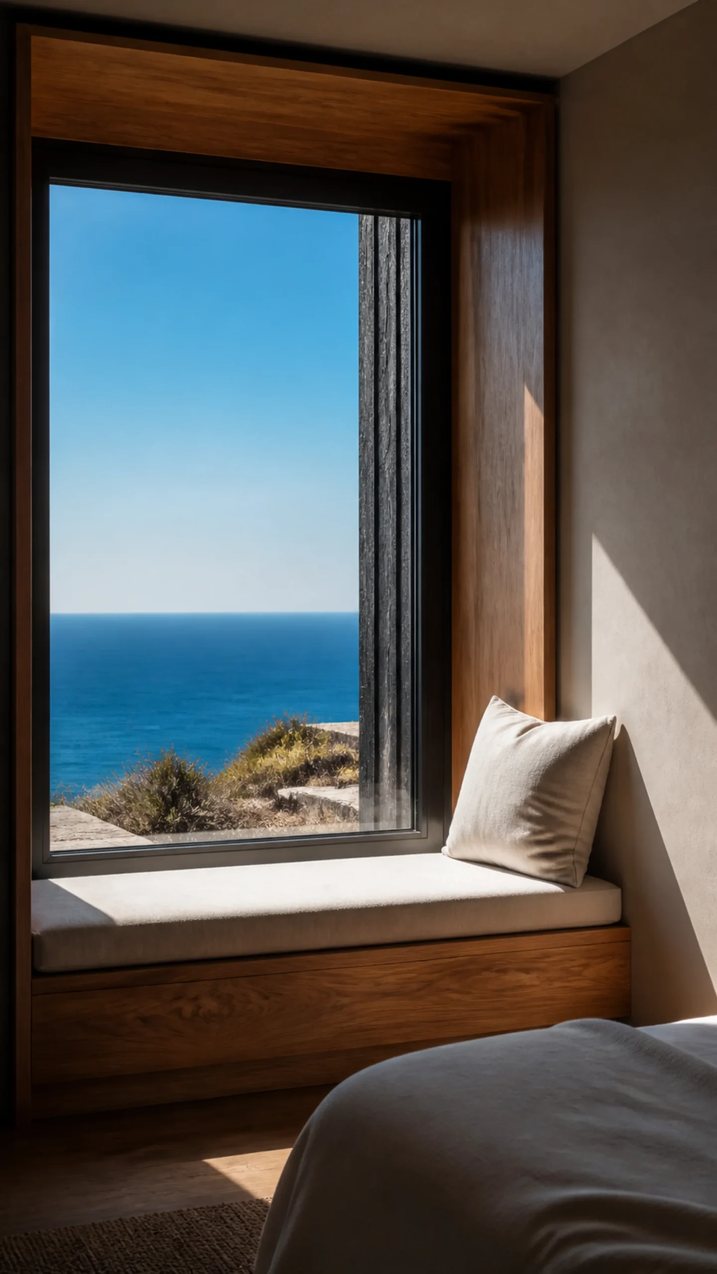Warm oak window seat with pale linen cushion looking out across the blue sea An original fictional editorial architecture study of material landscape light and spatial atmosphere..