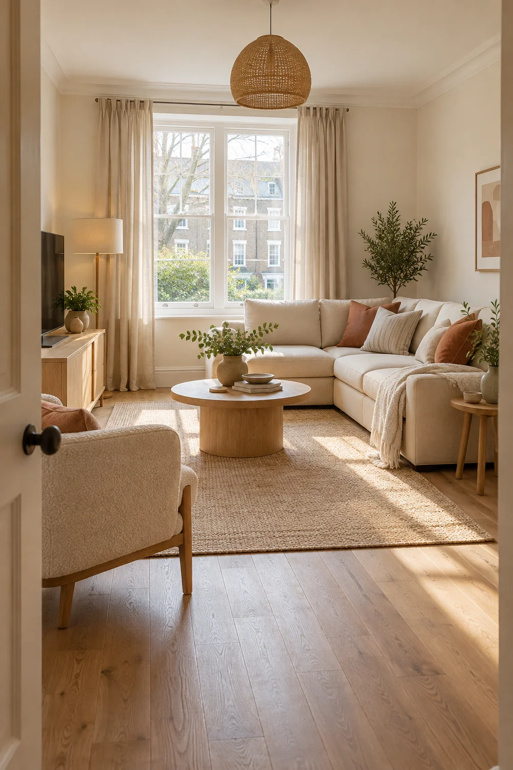 Warm rental living room viewed through its open doorway