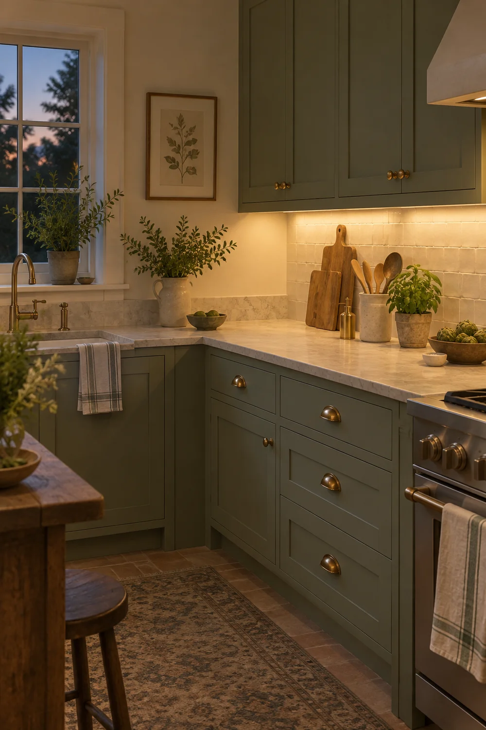 Warm task lighting beneath cabinets in a small sage green kitchen
