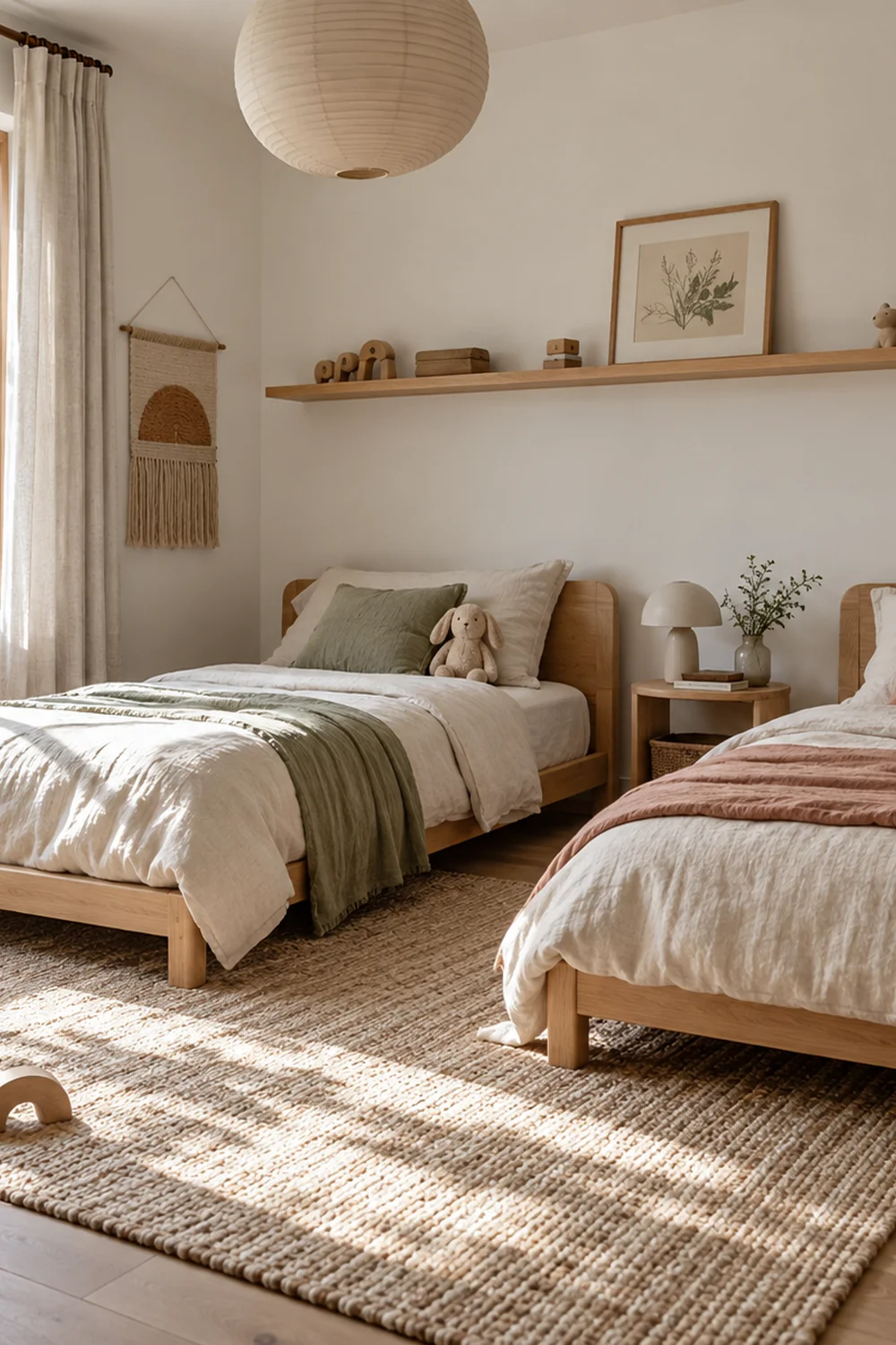 Washable bedding with sage and clay accents on two beds