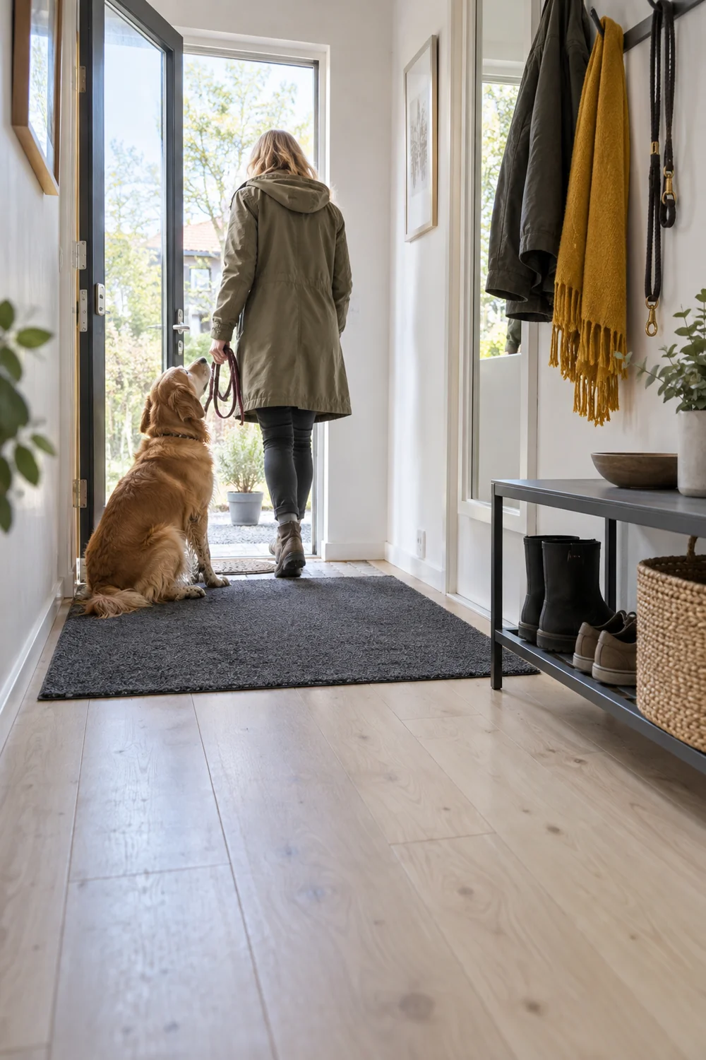 Washable charcoal mat inside a Scandinavian front door with room for dog paws