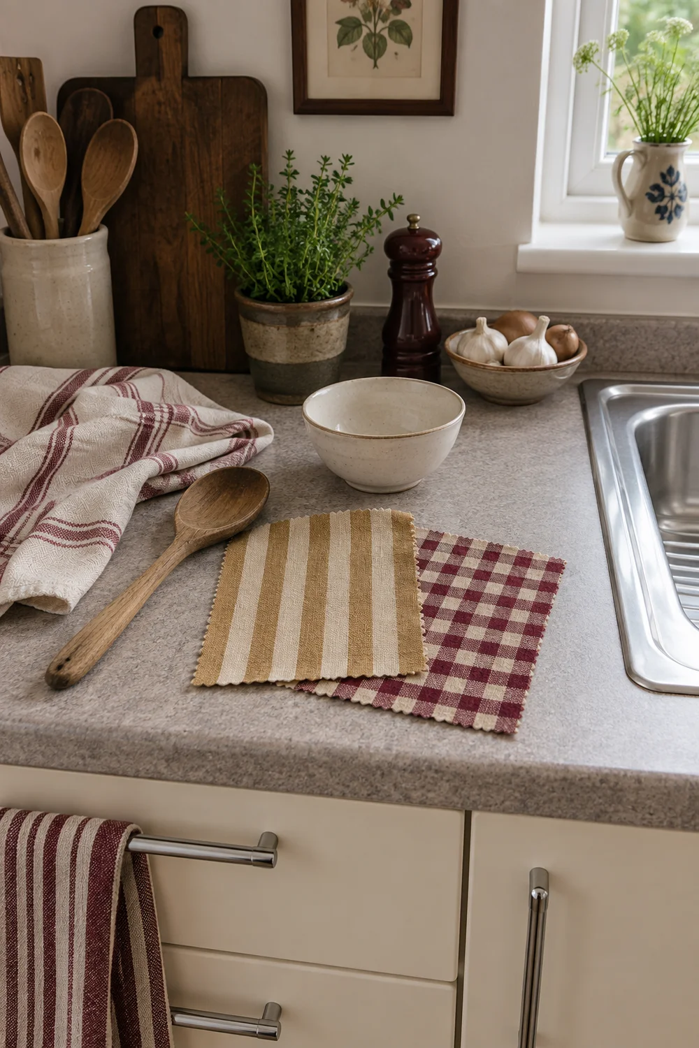 Washable ochre and oxblood fabric samples on a rental kitchen worktop
