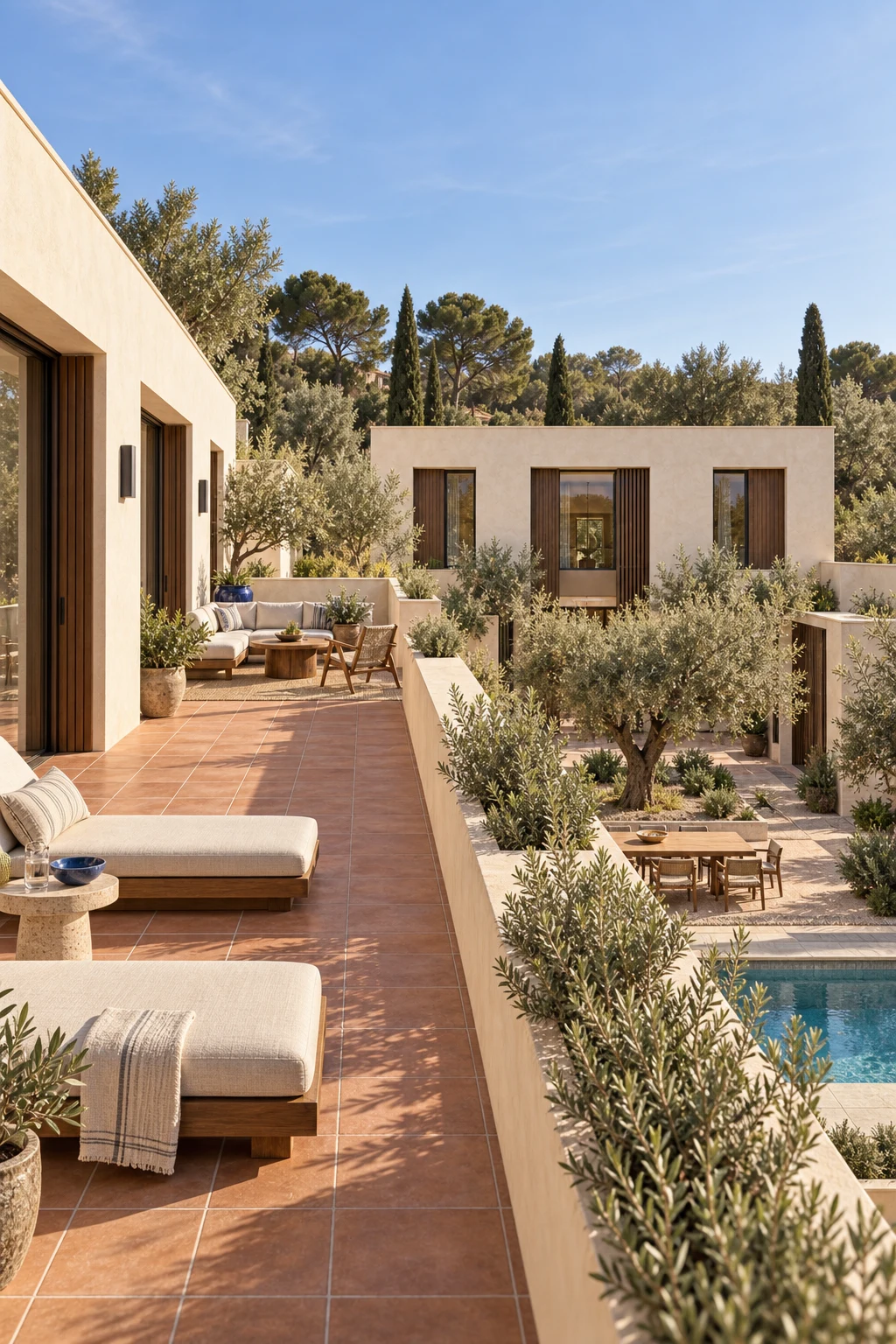 West wing roof terrace looking across Mediterranean planting toward the Barcelona hillside