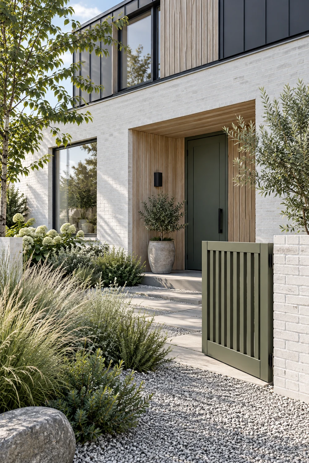 White Scandinavian exterior framed by moss planting and a simple gate