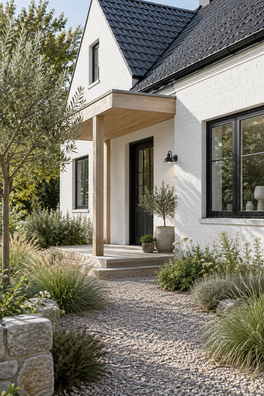 White brick Scandinavian house with charcoal roof and timber porch