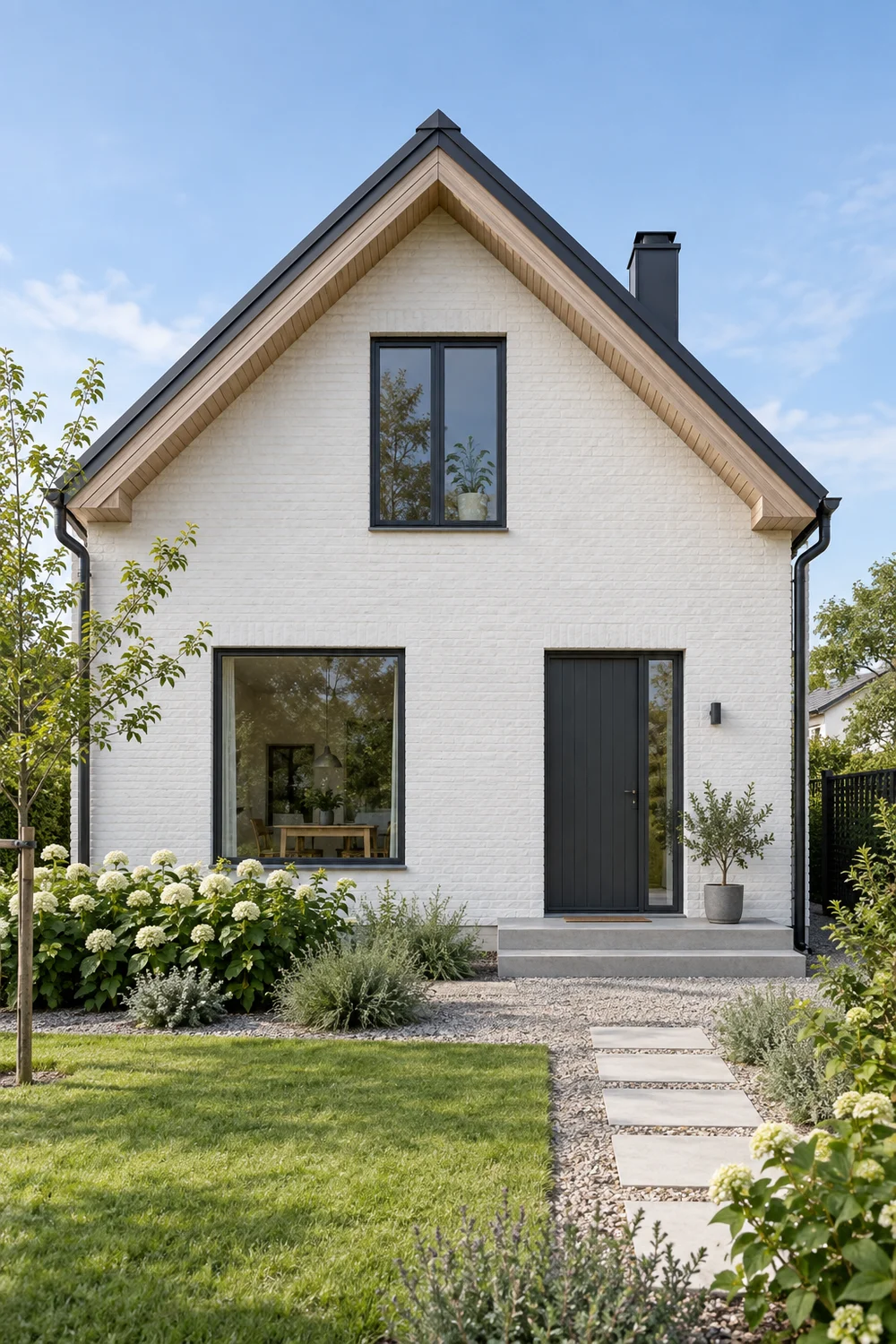 White brick gable with charcoal standing seam roof and pale timber eaves