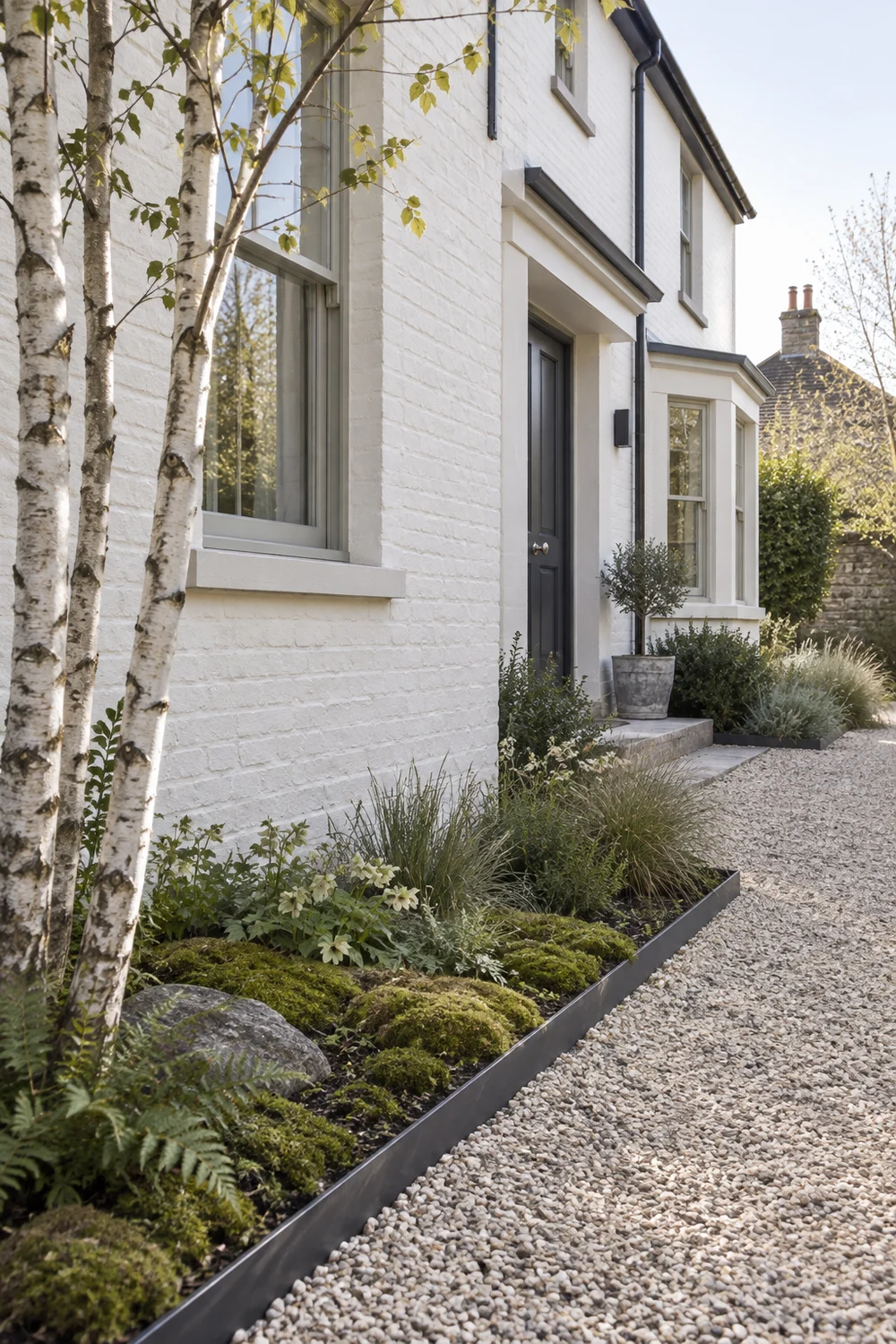 White facade birch trees moss planting and pale gravel at a Scandinavian home