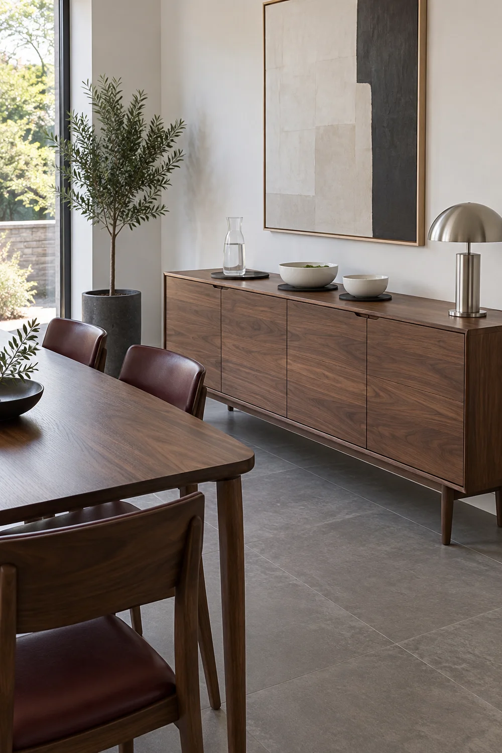 White serving bowls and a water carafe on a walnut dining room sideboard