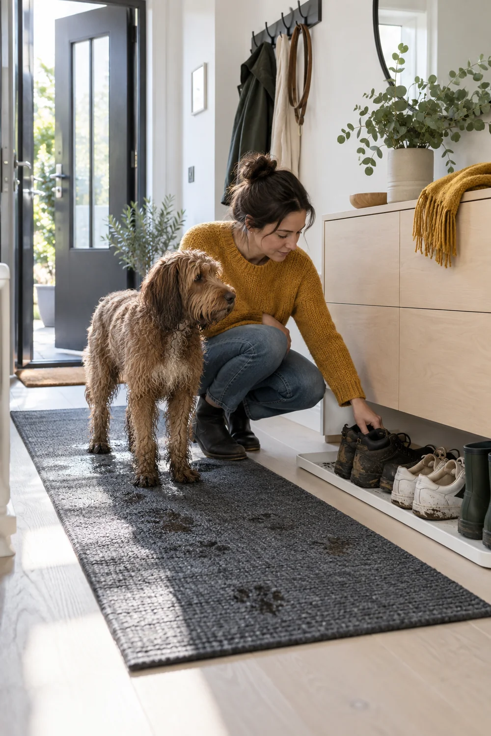 White shoe tray and clean birch cabinet inspected after wet walks