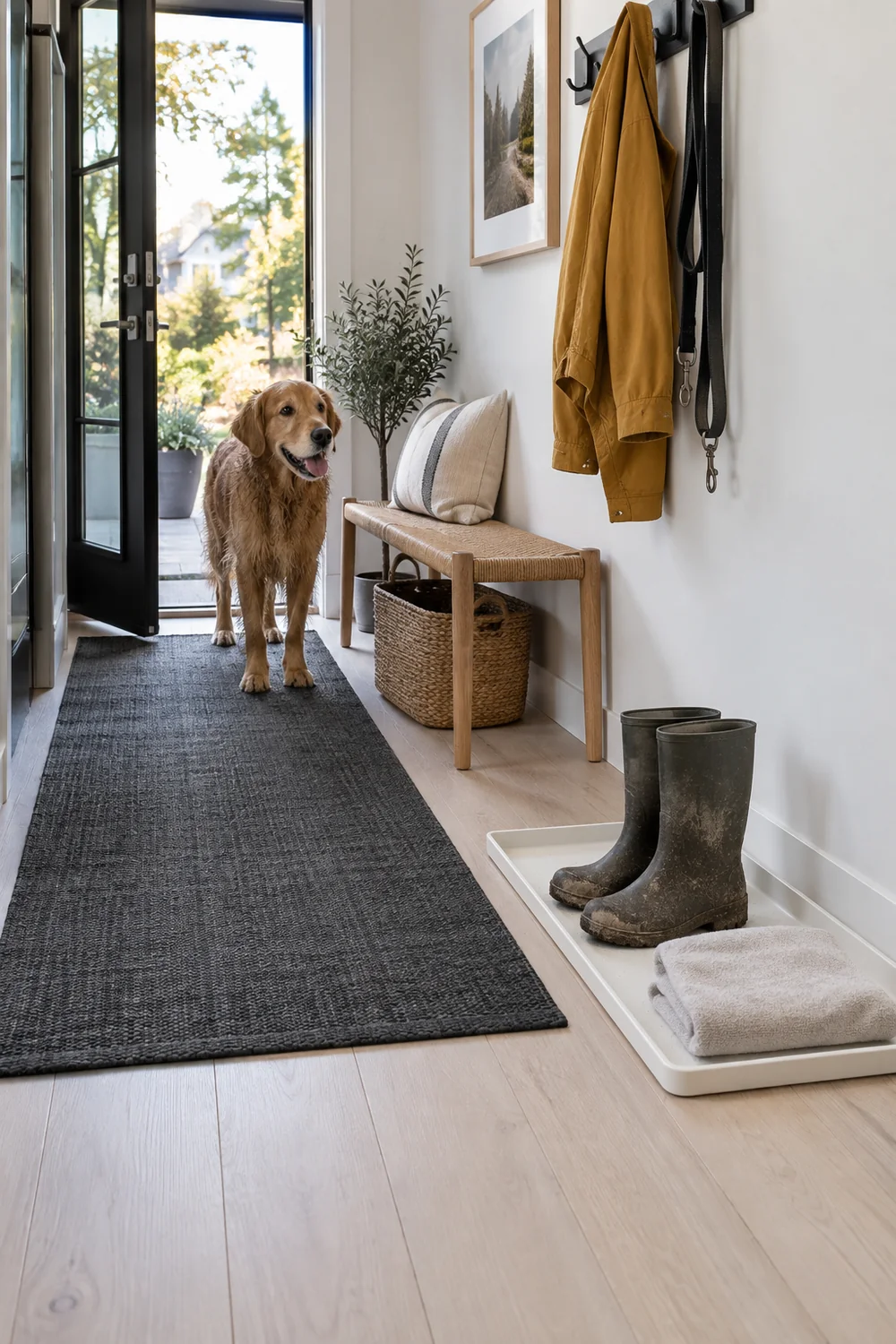 White wet shoe tray beside a charcoal hallway mat and pale birch floor