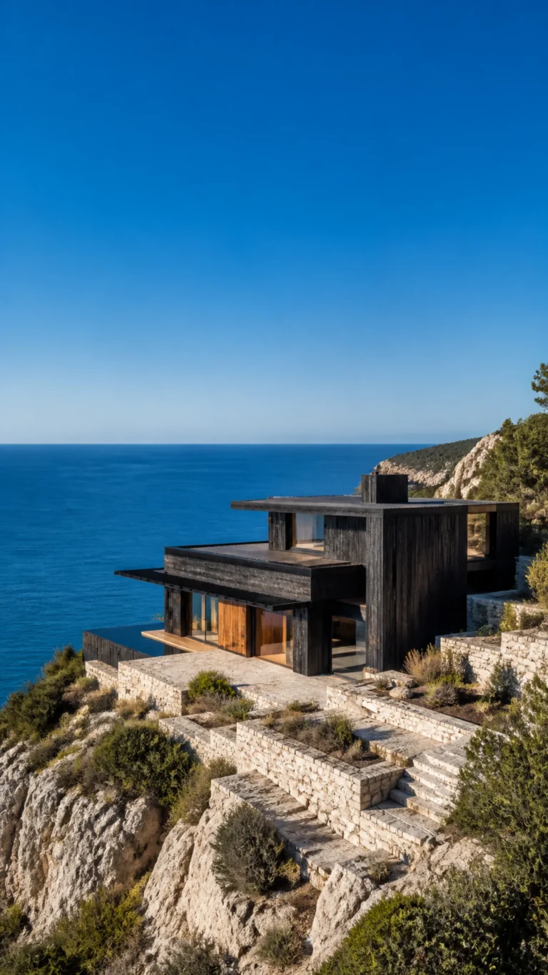 Whole black cedar house on a pale Aegean cliff with terraces and ocean horizon An original fictional editorial architecture study of material landscape light and spatial atmosphere