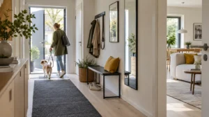Wide bright Scandinavian hallway with dog owner and open passage beside the front door