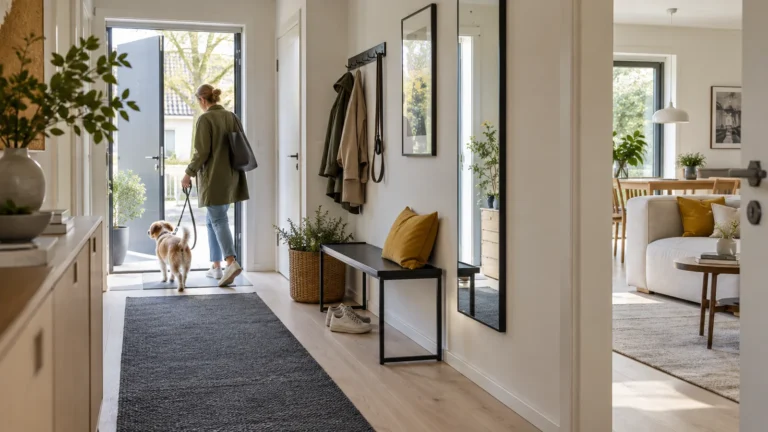 Wide bright Scandinavian hallway with dog owner and open passage beside the front door