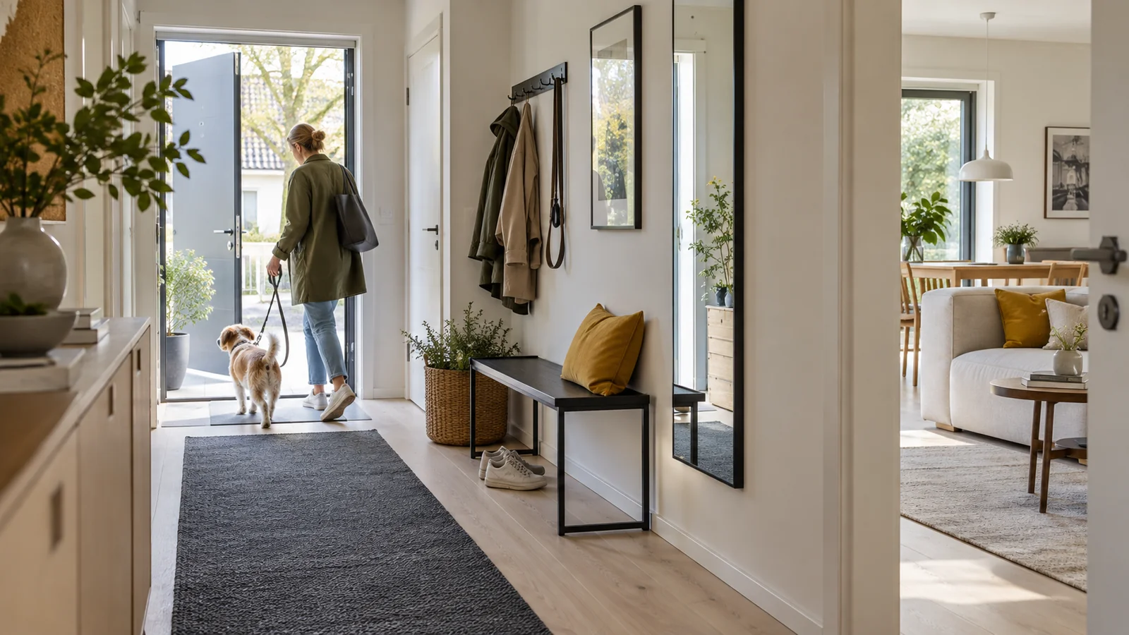 Wide bright Scandinavian hallway with dog owner and open passage beside the front door