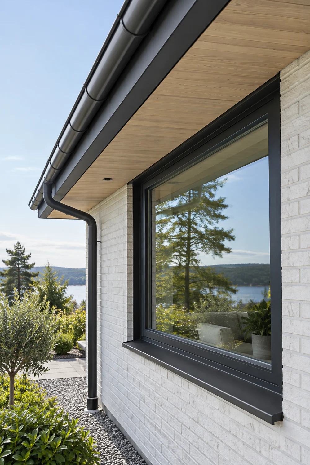 Window eave and gutter hierarchy on a Scandinavian house exterior
