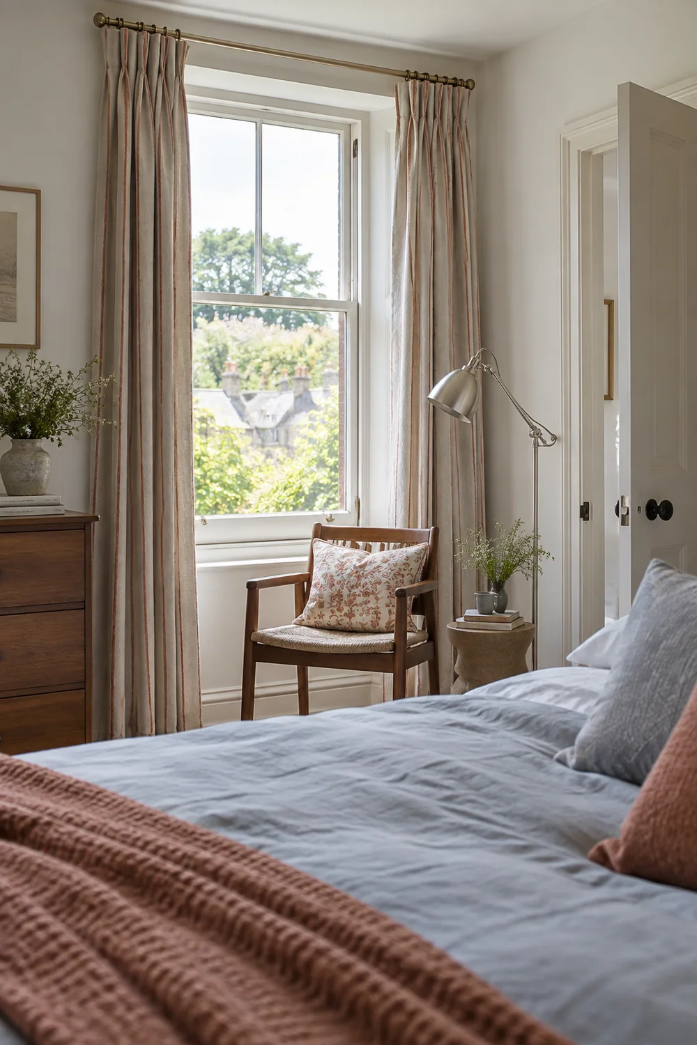 Window reading chair with patterned cushion and open curtains in a small bedroom