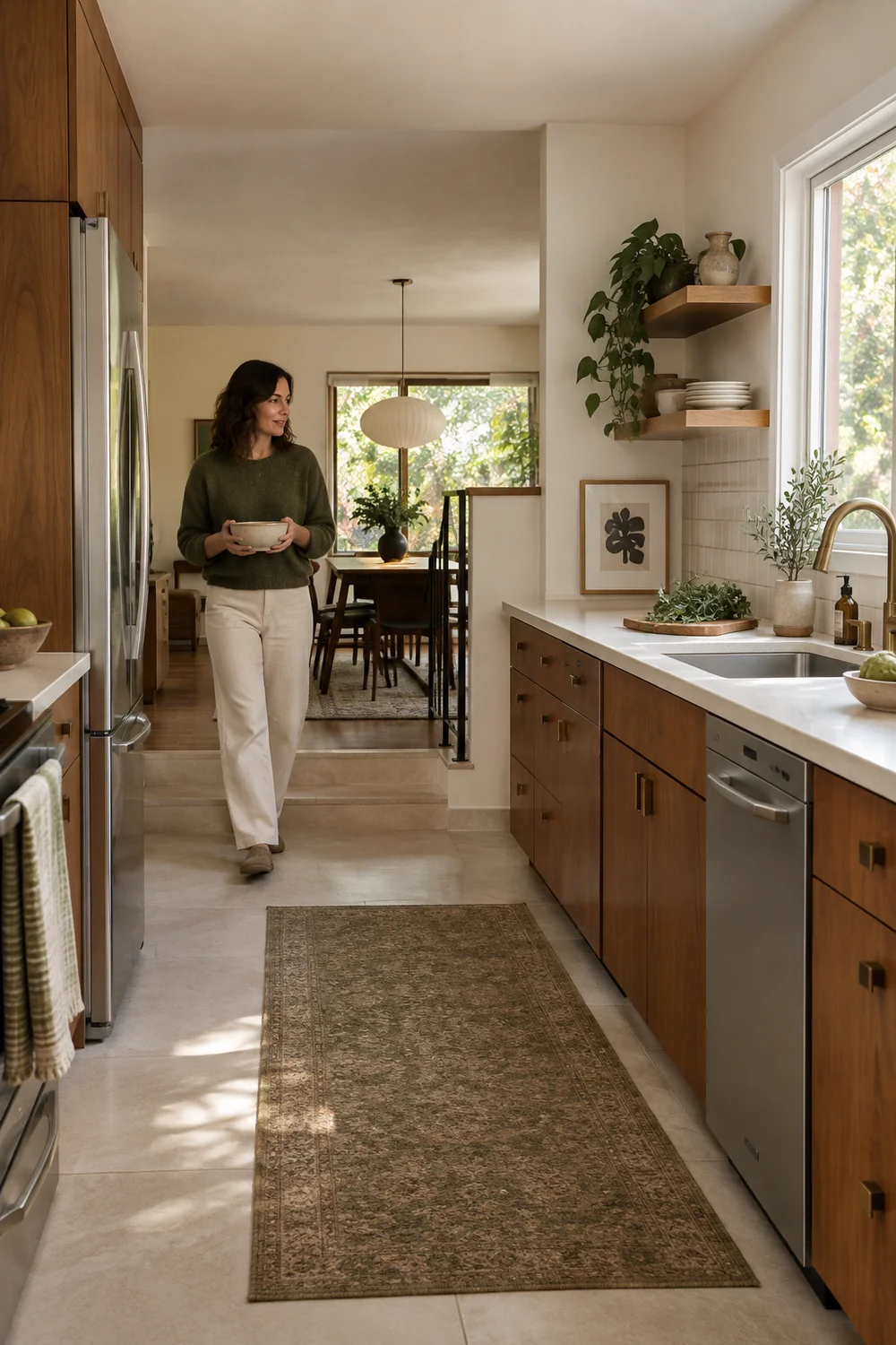 Woman carrying a bowl past a walnut kitchen toward a lower dining room