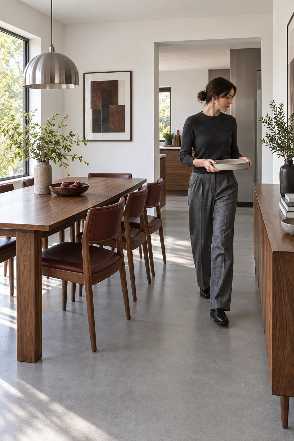Woman carrying an empty tray between a walnut dining table and sideboard
