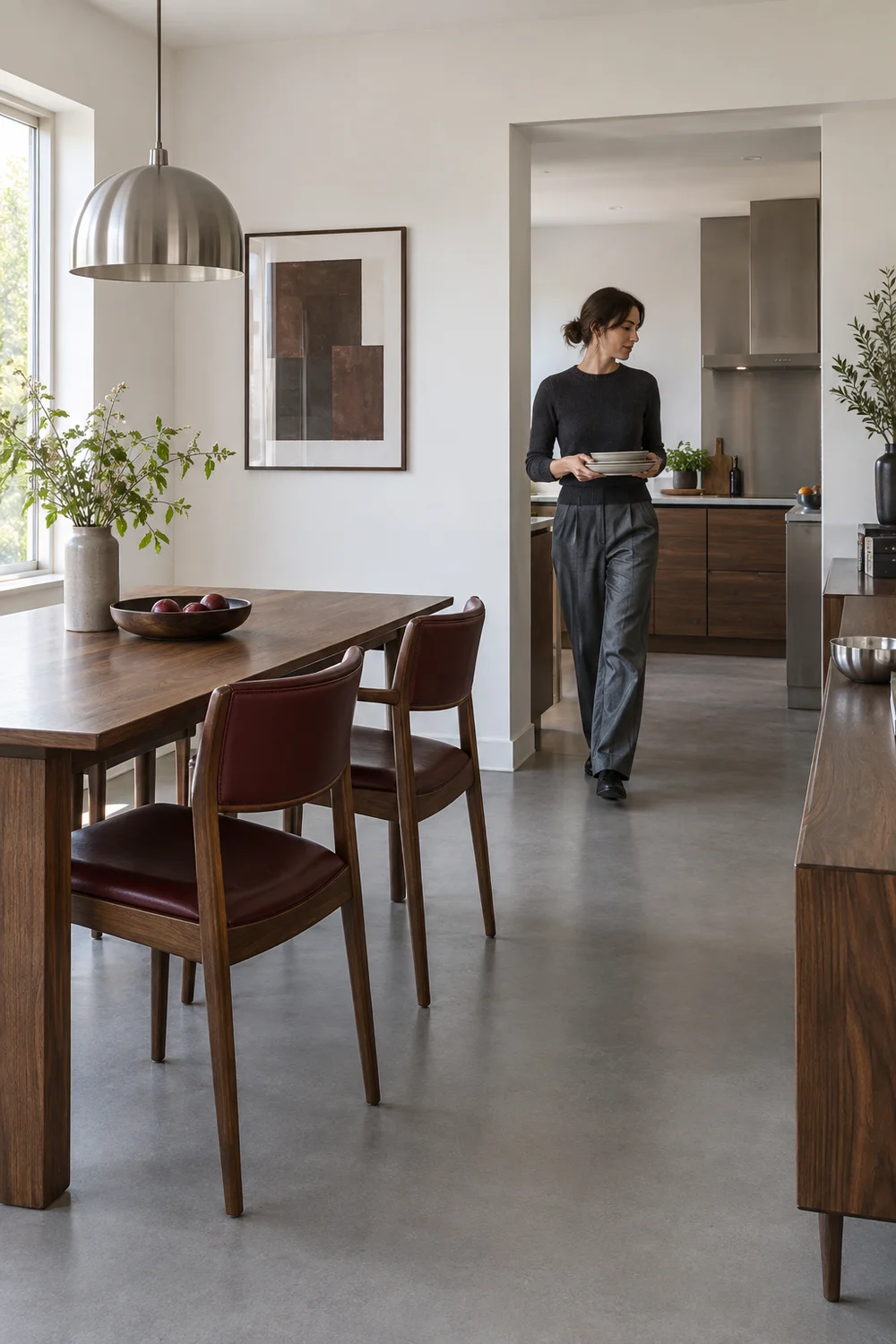 Woman carrying dishes through the clear route beside a walnut dining table