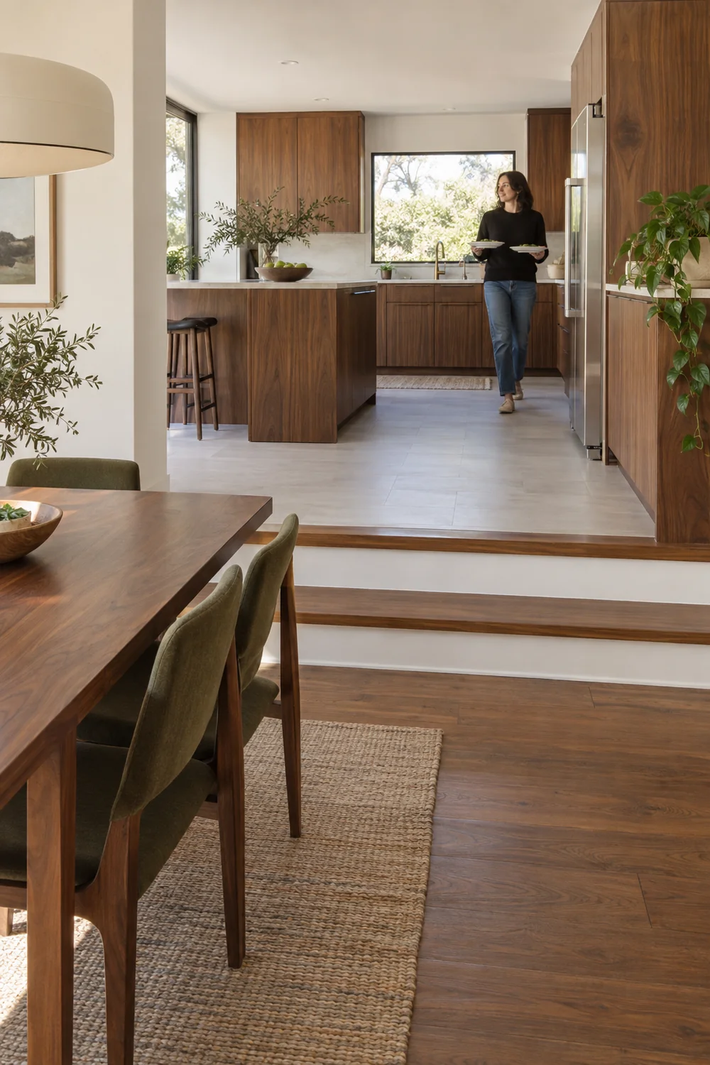 Woman carrying plates toward a visible step between kitchen and dining room