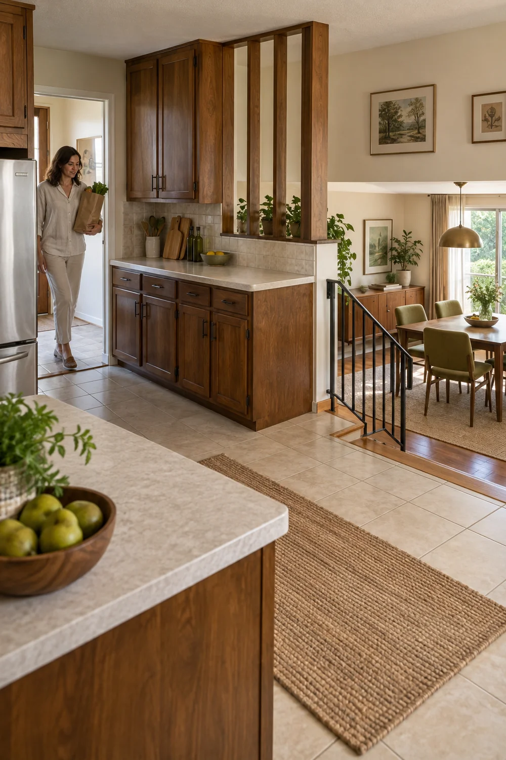 Woman entering a walnut split level kitchen beside a lower dining room
