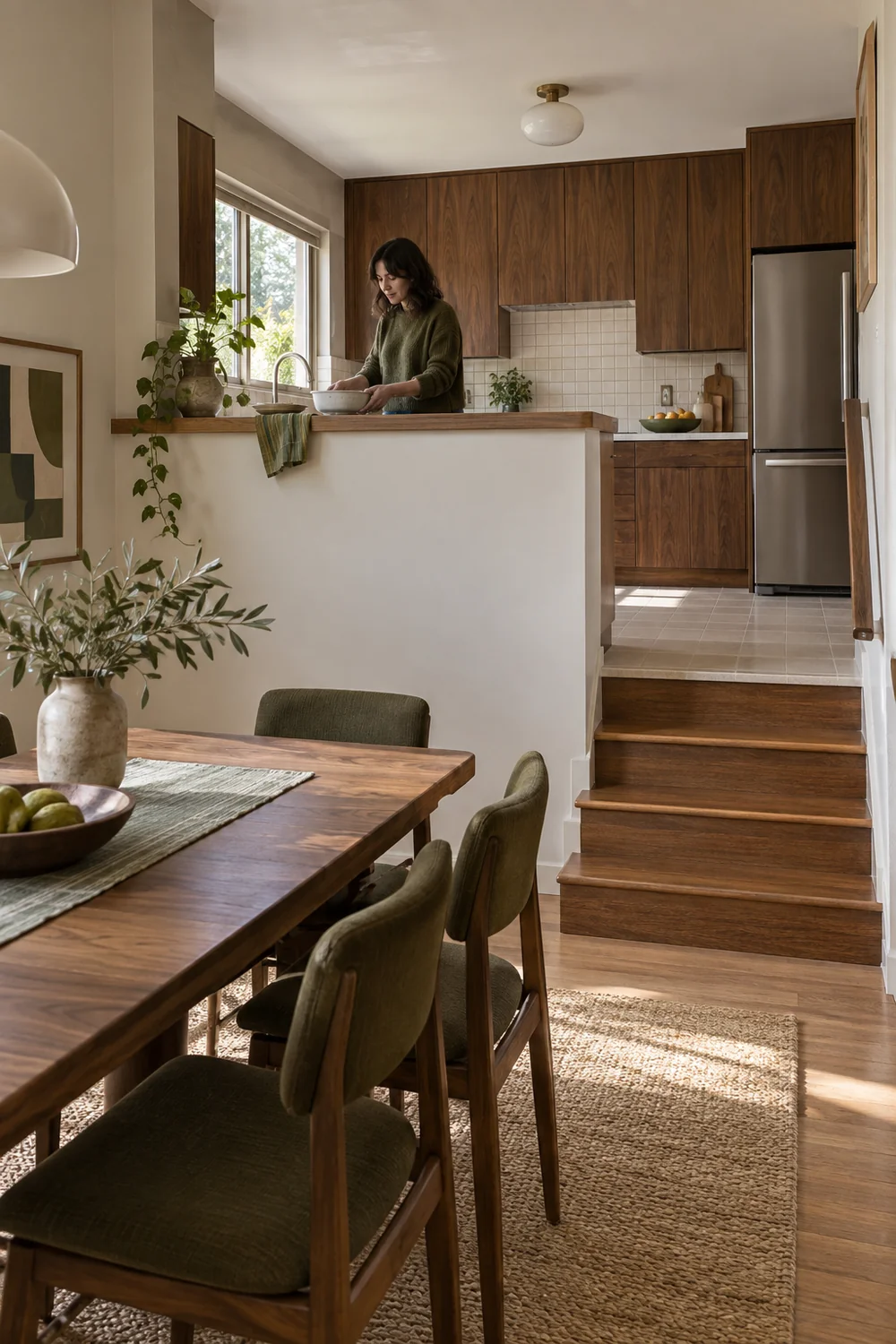 Woman setting a dish on a partial wall above a lower dining table
