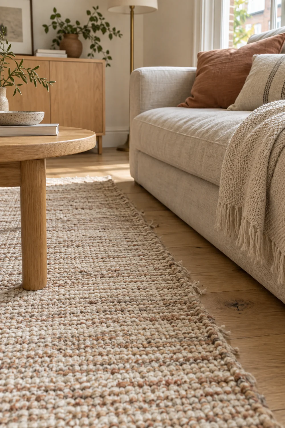 Wool rug edge beside an oat sofa after use