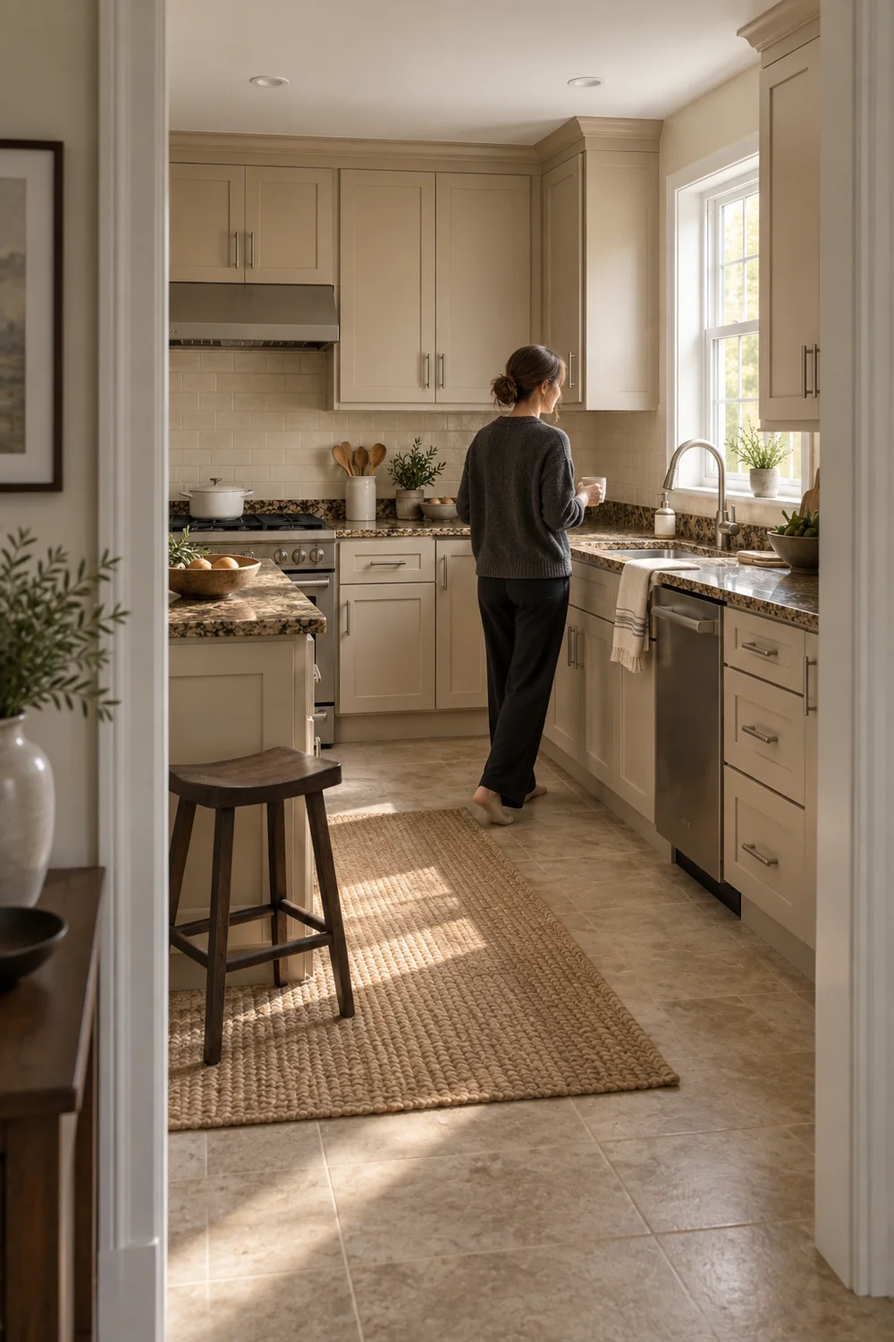 A person carrying a cup beside beige kitchen cabinets and a granite counter in daylight