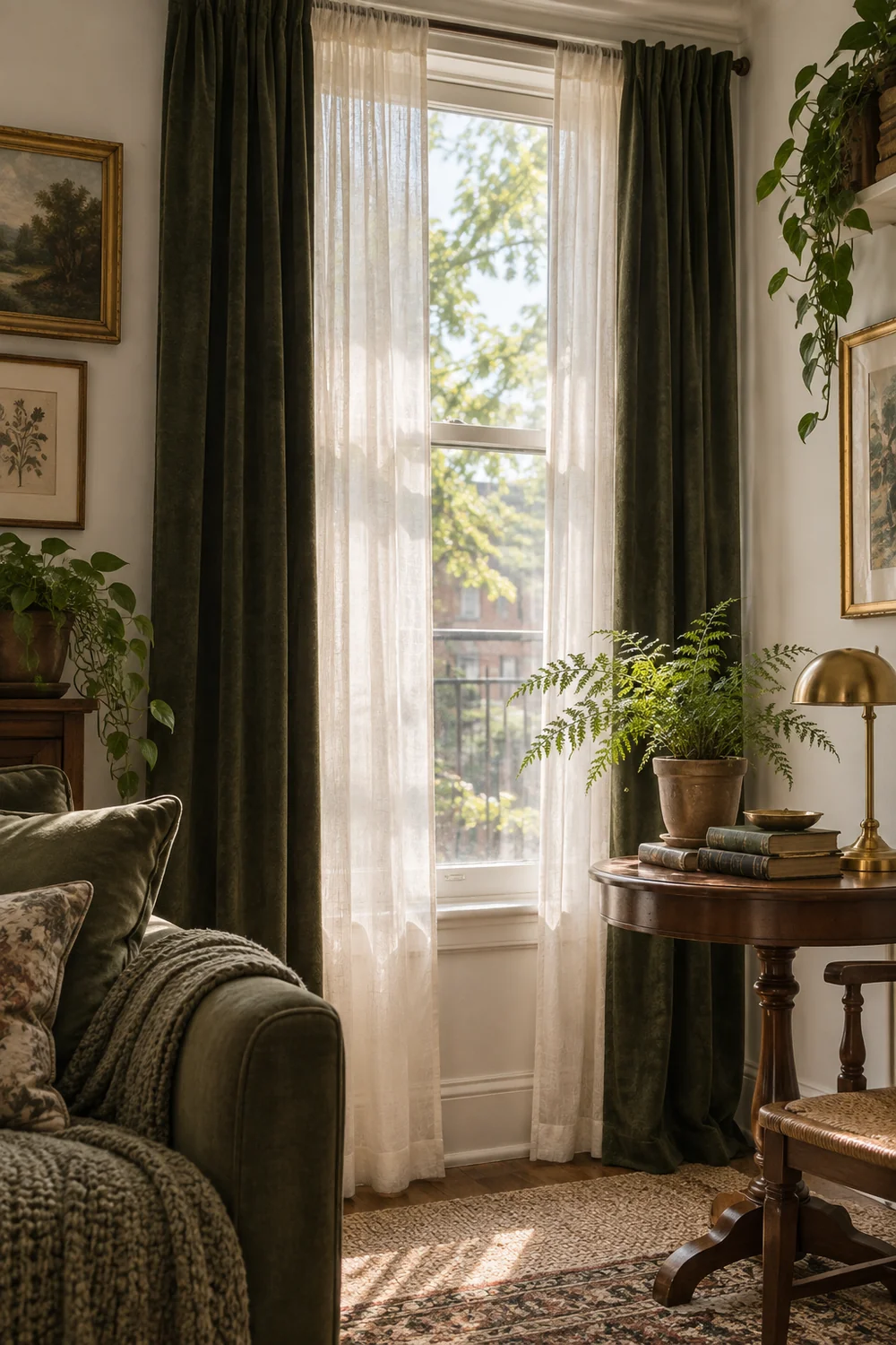 Apartment window with removable cream sheers moss curtains a walnut table and portable brass lamp