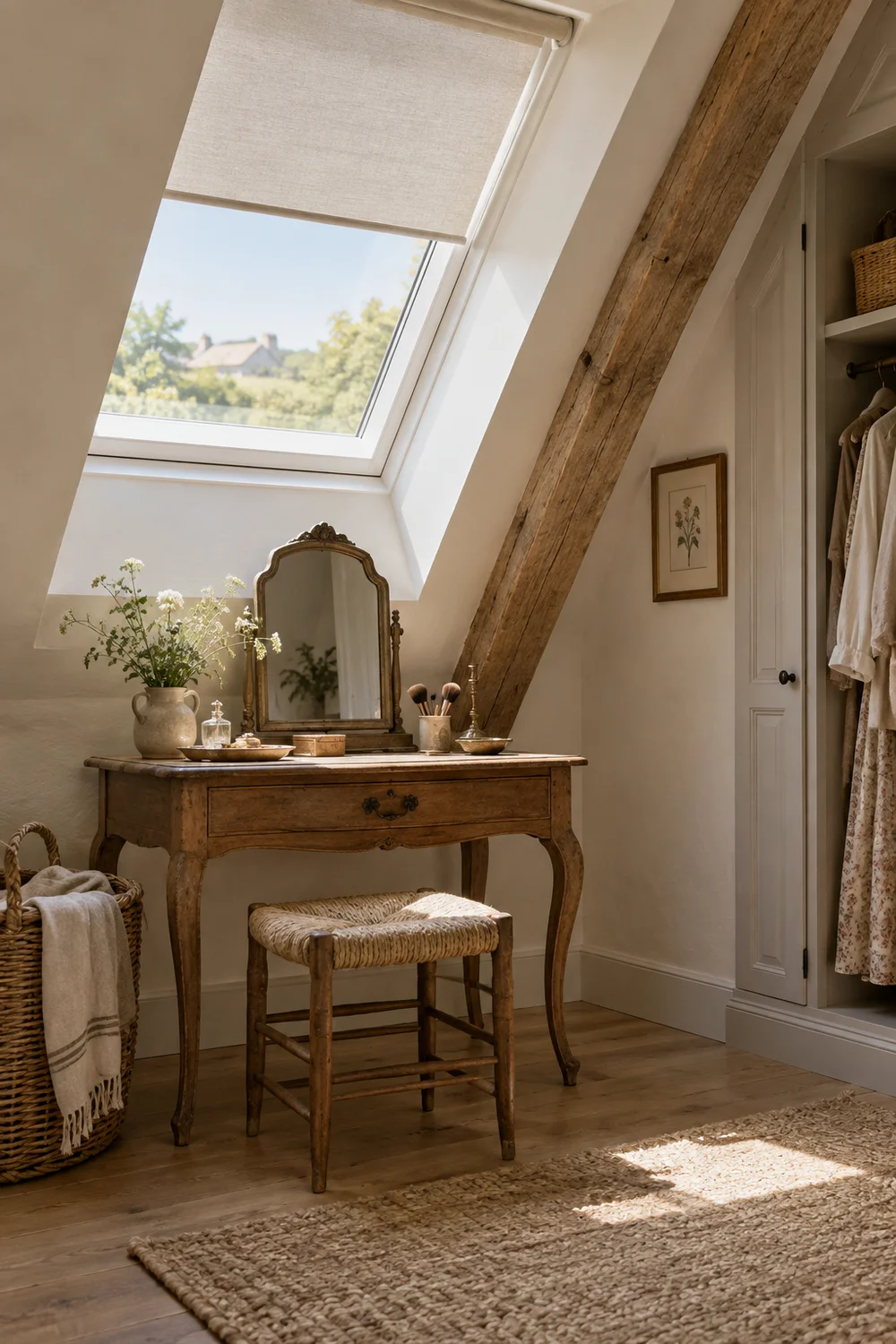 Attic dressing table placed below a skylight with a neutral blind and an exposed oak beam