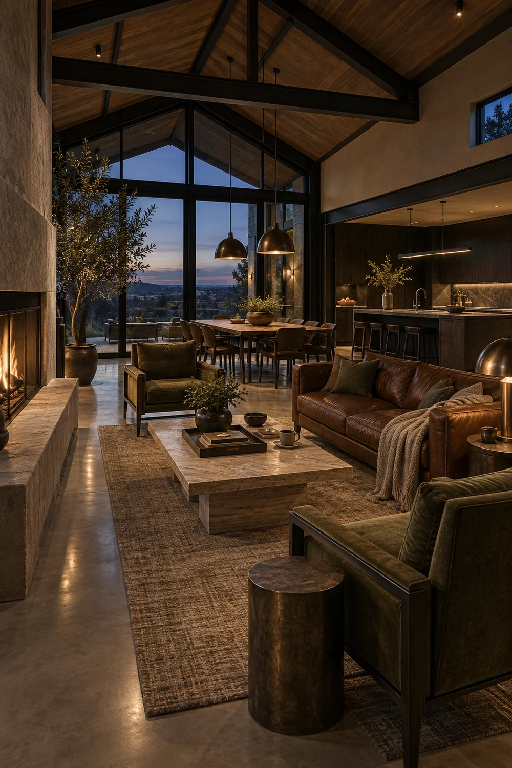Finished open barndominium living room with tobacco leather, moss seating, wool, travertine, smoked oak and bronze.