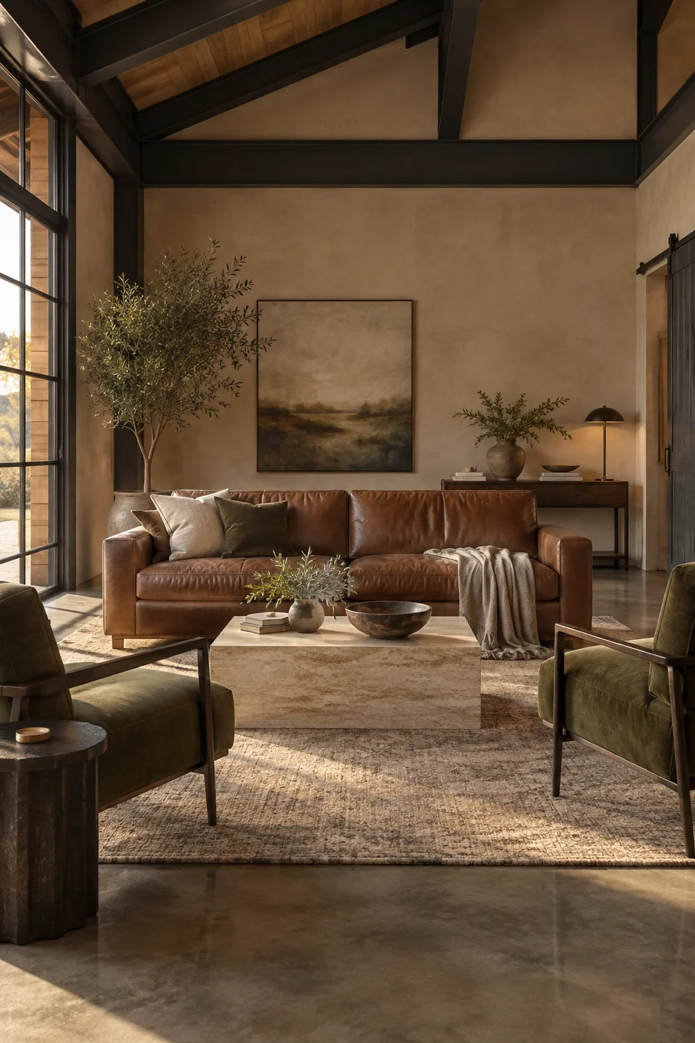 Leather sofa, open leg chairs, travertine table and slender console balancing visual weight in a barndominium living room.