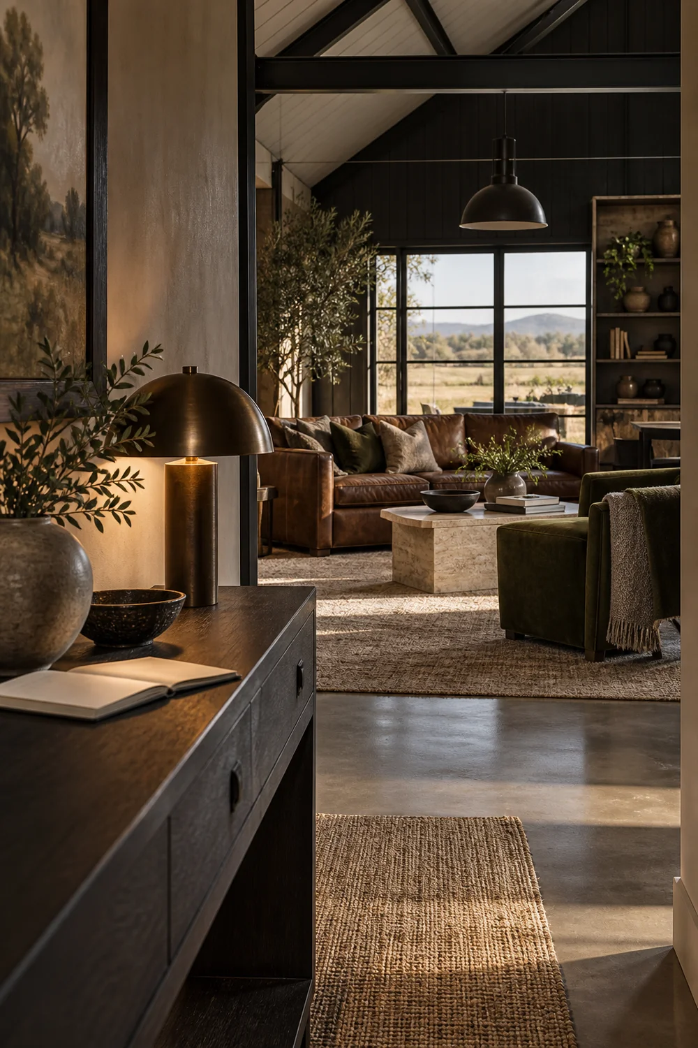 Layered barndominium living room decor with leather, wool, travertine, moss upholstery and bronze viewed beyond a timber console.