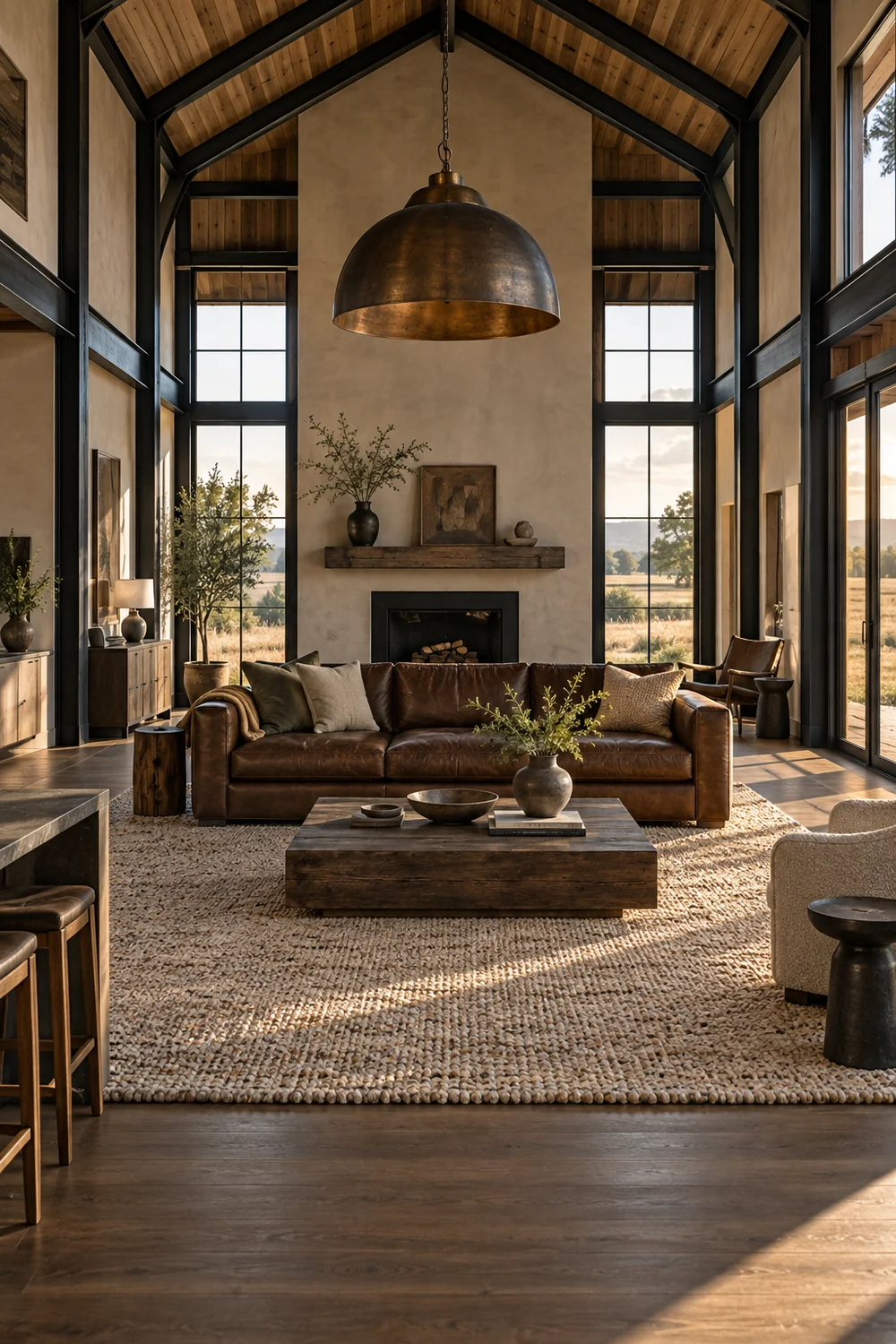 Large tobacco leather sofa, broad wool rug and bronze pendant establishing scale in an open barndominium living room.