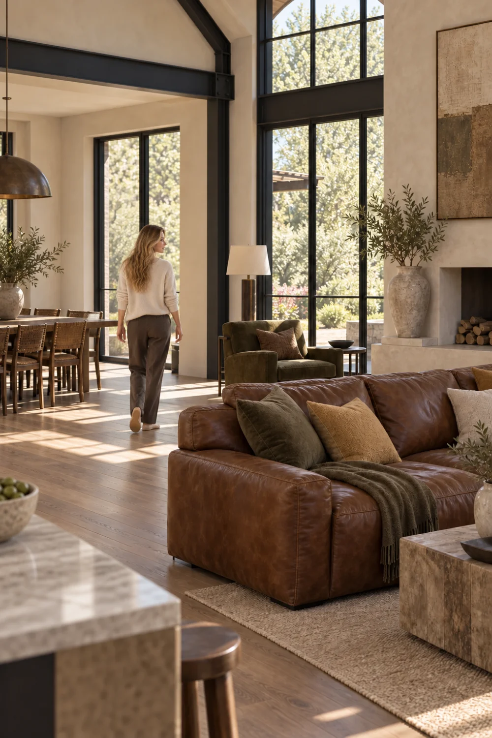 Woman walking through a barndominium living room where a leather sofa, wool rug and tall windows establish the furniture scale.