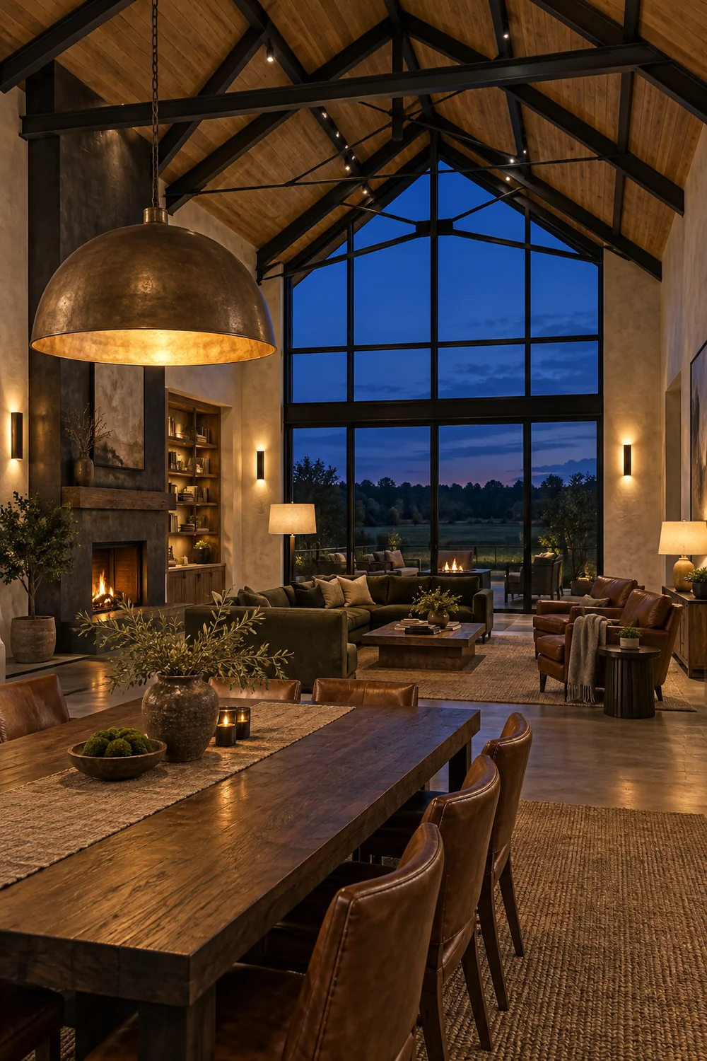 Layered barndominium living room lighting with bronze pendants, wall lights and lamps glowing at blue hour.