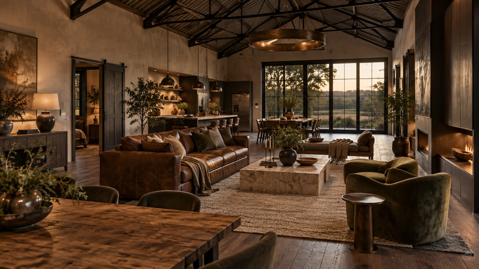 Open concept barndominium living room with tobacco leather, moss green seating, travertine and bronze beneath dark steel beams.