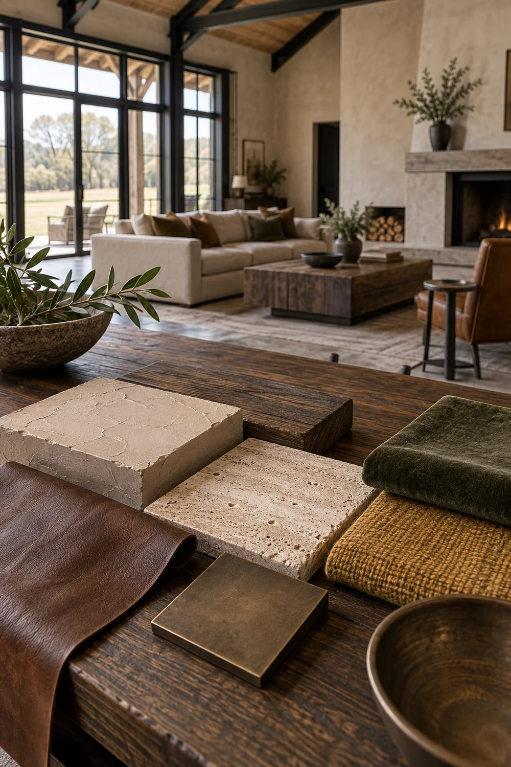 Warm plaster, smoked oak, travertine, tobacco leather, moss velvet, ochre wool and bronze arranged as a barndominium colour palette.