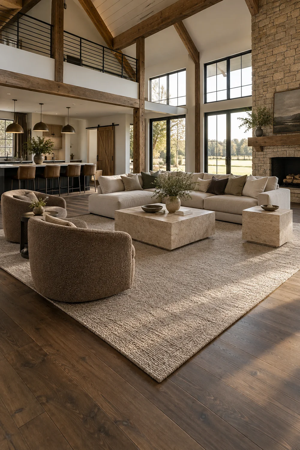 Large flecked wool rug connecting a leather sofa, moss chairs and travertine tables within an open living zone.