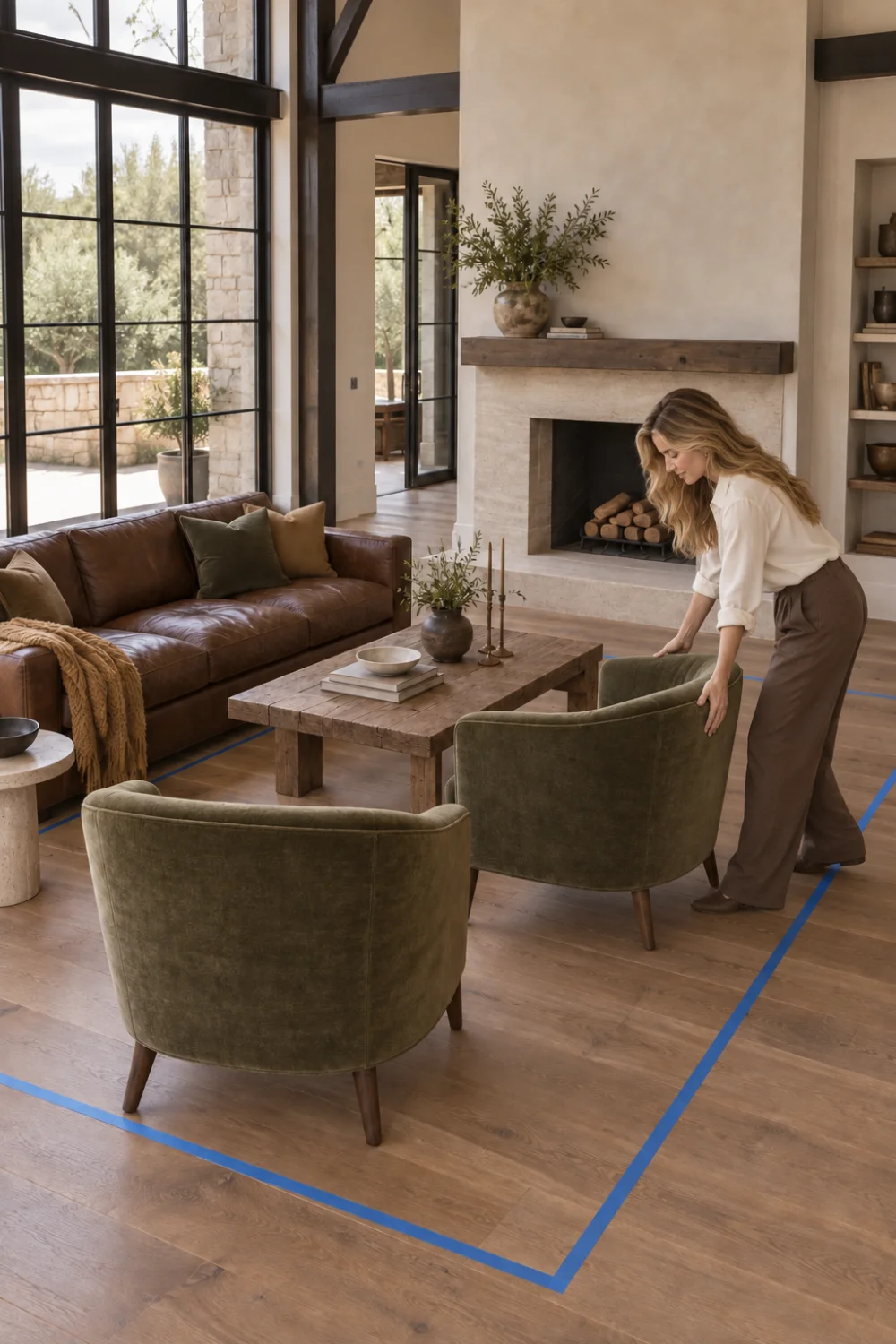 Woman positioning a moss green chair inside a taped rug boundary in a barndominium living room.