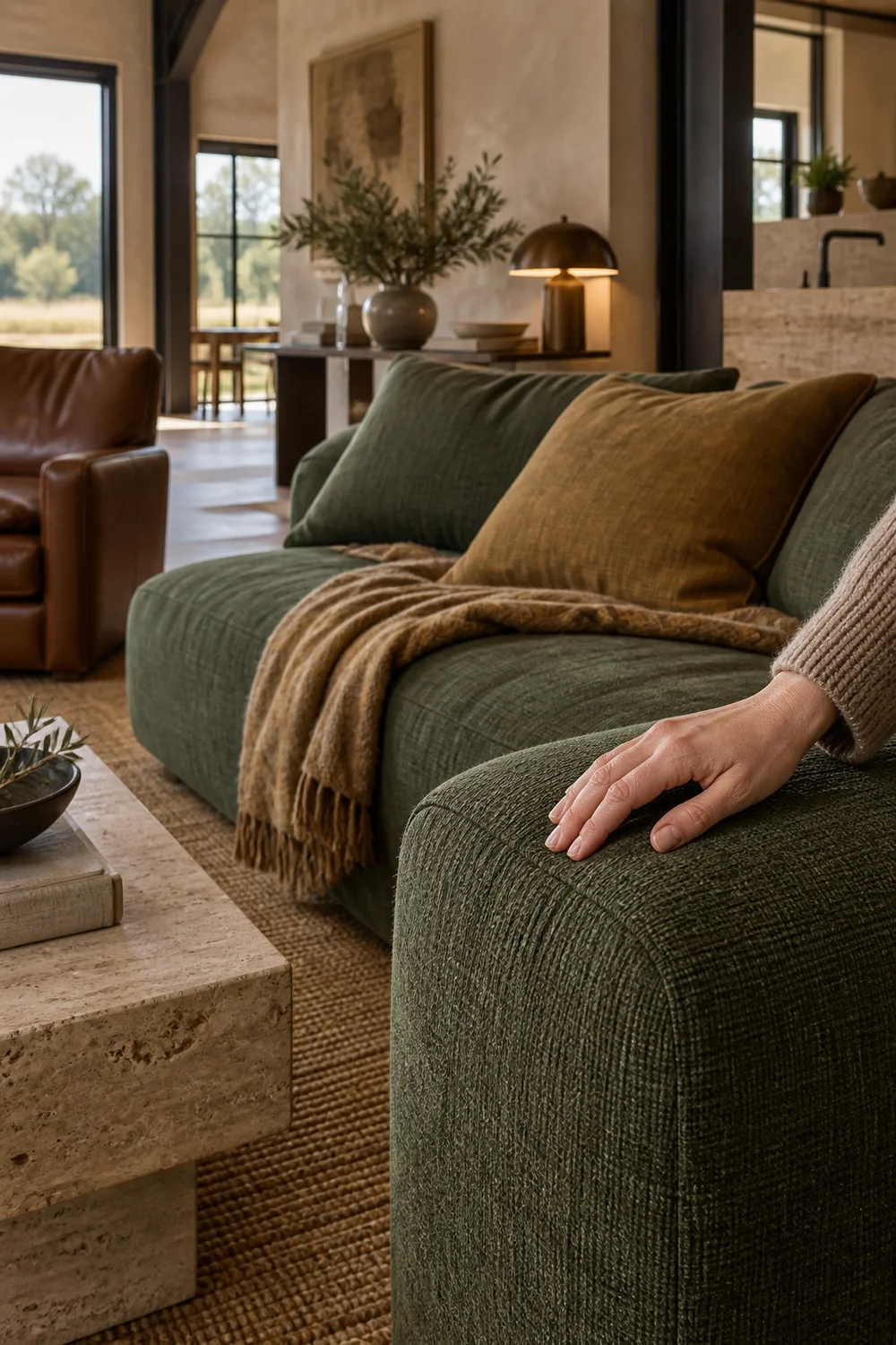 Hand testing the texture of linen sectional upholstery beside travertine and smoked oak finishes.