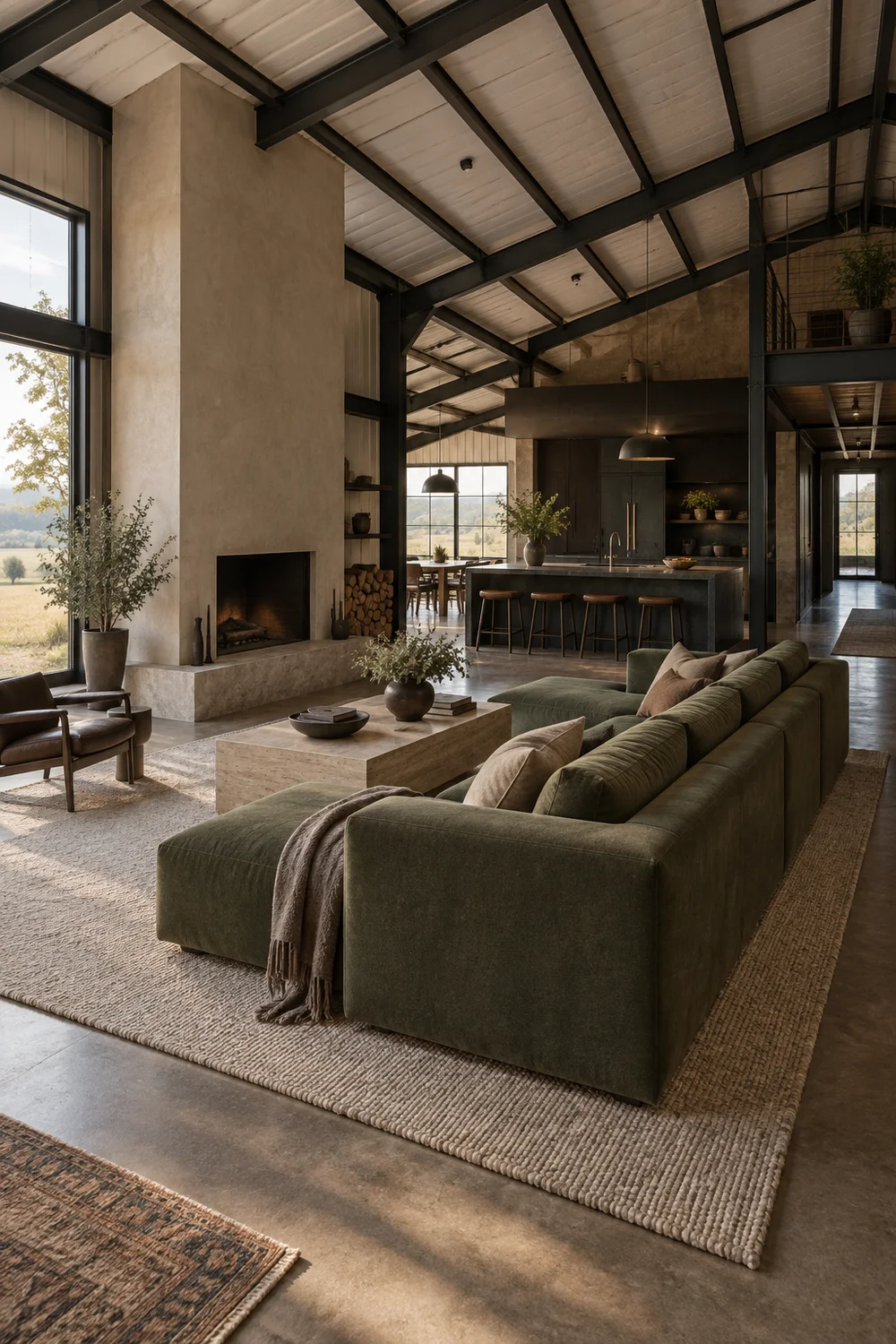 Low profile moss green sectional preserving views and open routes around a plaster fireplace in a barndominium living room.