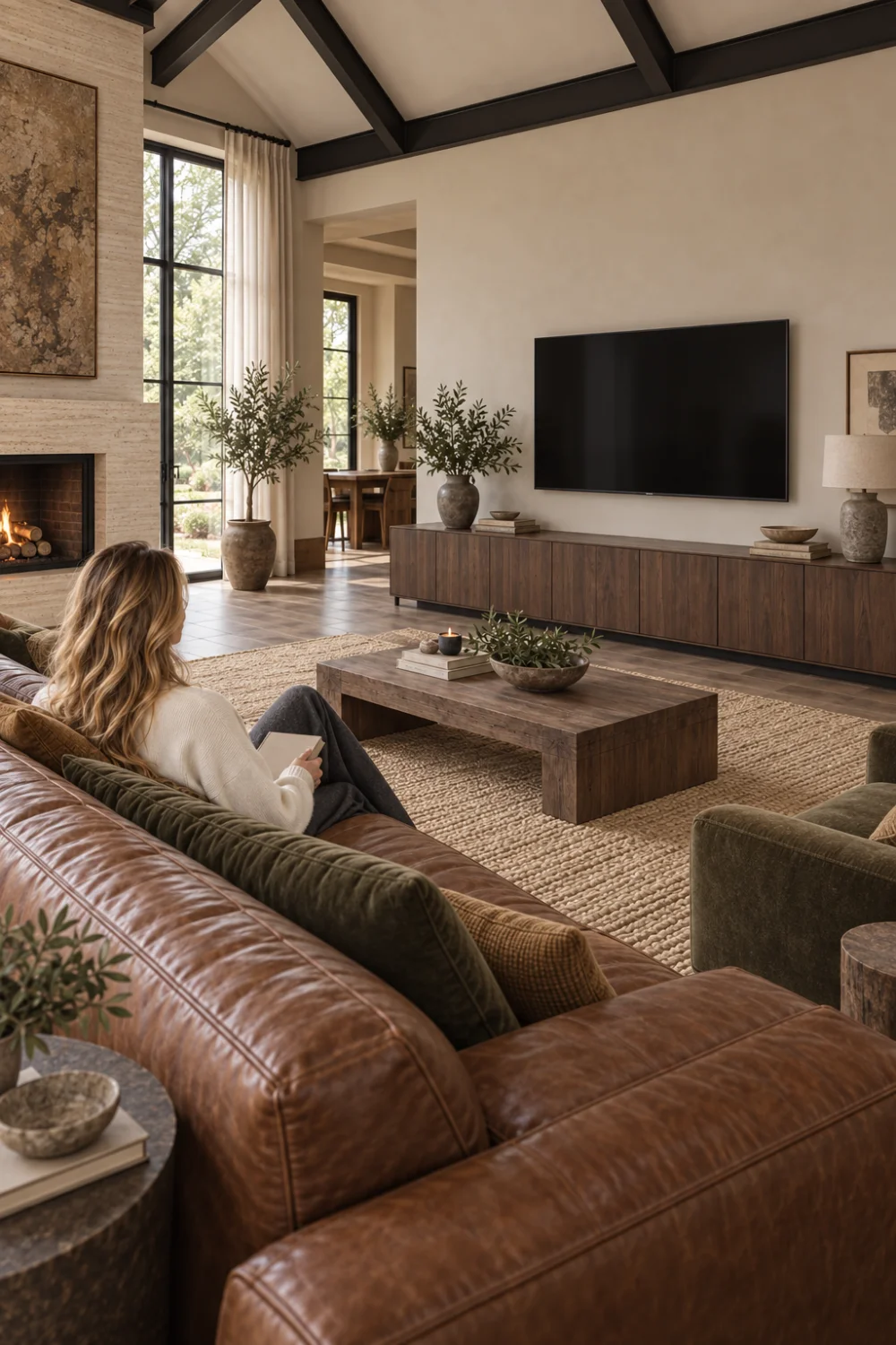 Woman seated on a leather sofa facing a dedicated barndominium media wall with the fireplace on an adjacent wall.