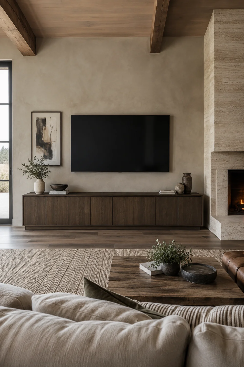 Calm barndominium television wall with a long smoked oak cabinet, warm plaster and restrained decorative objects.