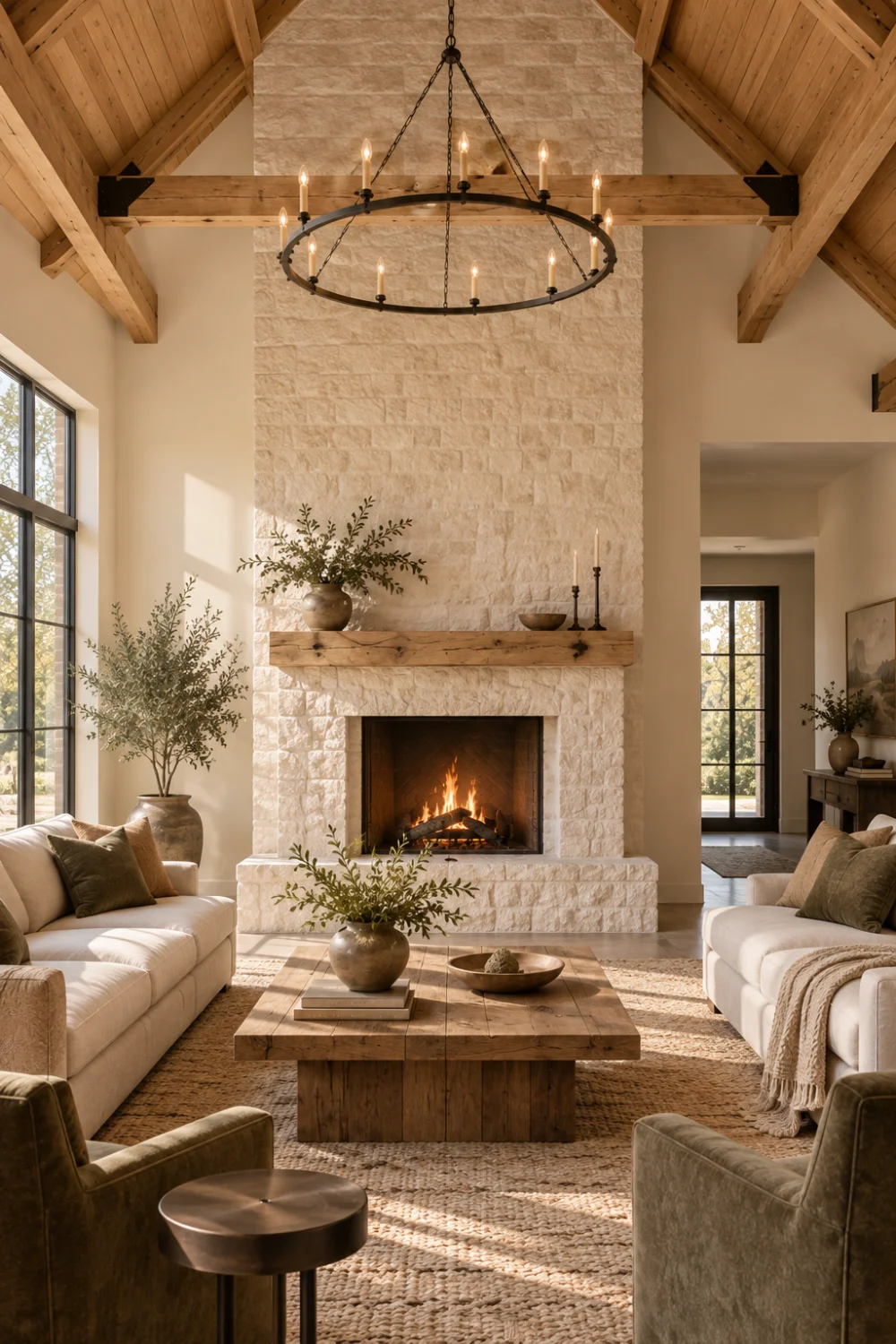 Frontal barndominium living room centred on a pale limestone fireplace beneath oak trusses with linen sofas and morning light.