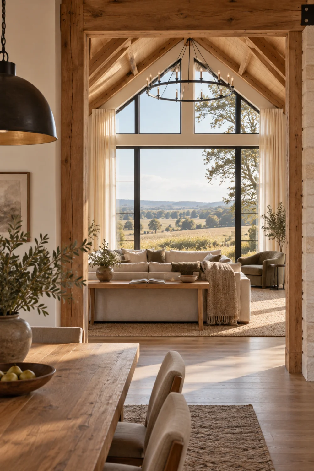View from an oak dining area into a barndominium living room framed by tall windows, linen curtains and a countryside landscape.