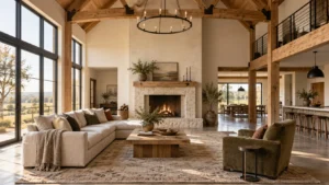 Open barndominium living room with oak beams, limestone fireplace, oatmeal seating, a wool rug and tall windows in afternoon light.