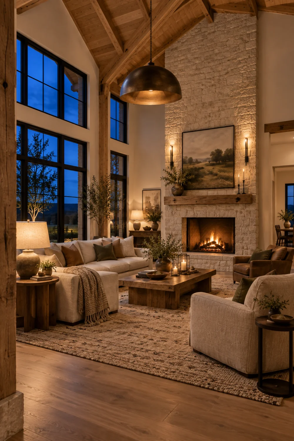 Warm pendant, wall lights, table lamps and a glowing fireplace illuminating an oak framed barndominium living room at blue hour.
