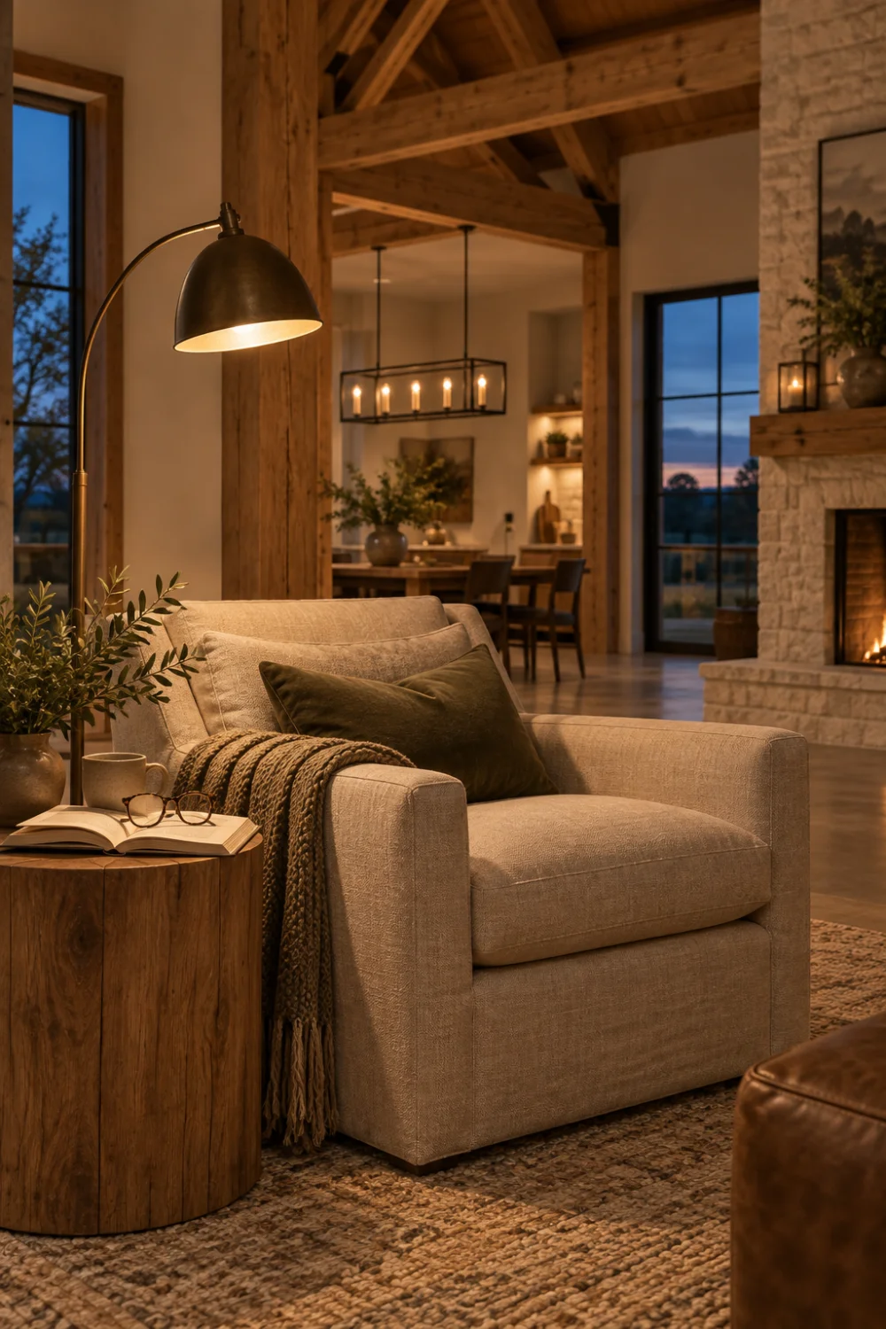 Bronze floor lamp lighting a linen armchair, open book and oak side table with the barndominium room visible at dusk.